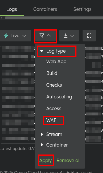 WAF log filter selection